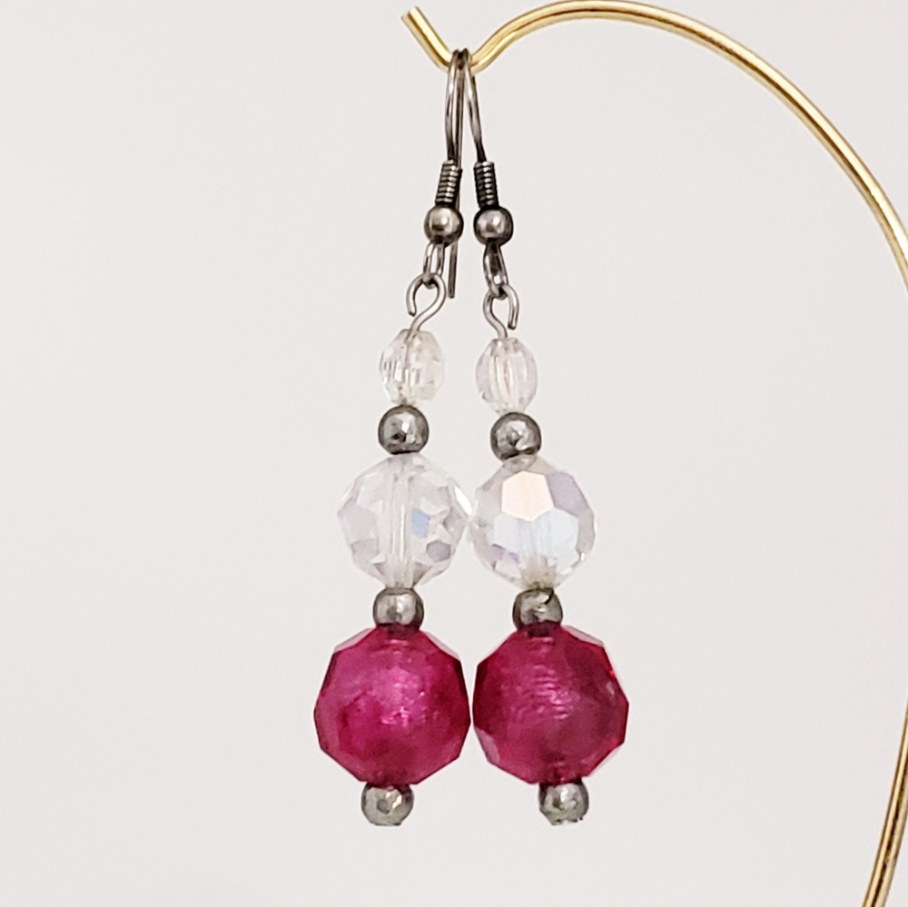 Elegant Vint Hot Pink and Aurora Borealis (AB) Swarovski Crystal Dangly Earrings
